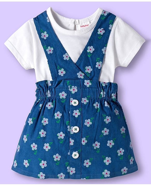 Babyhug Cotton Woven Frock & Half Sleeves Inner Tee With Floral Print - Blue & White