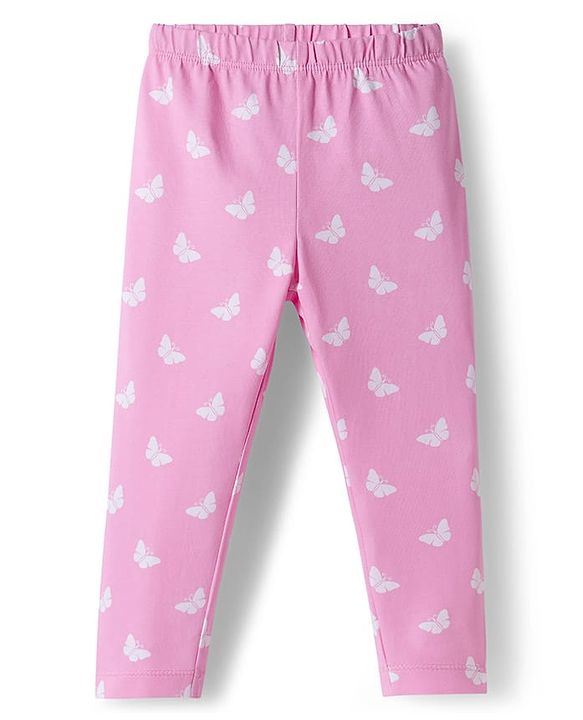 Babyhug Cotton Lycra Knit Full Length Leggings With Floral Print Pack Of 2 - Purple & Pink