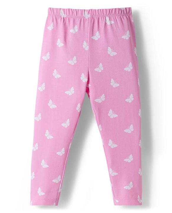 Babyhug Cotton Lycra Knit Full Length Leggings With Floral Print Pack Of 2 - Purple & Pink