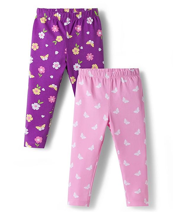 Babyhug Cotton Lycra Knit Full Length Leggings With Floral Print Pack Of 2 - Purple & Pink