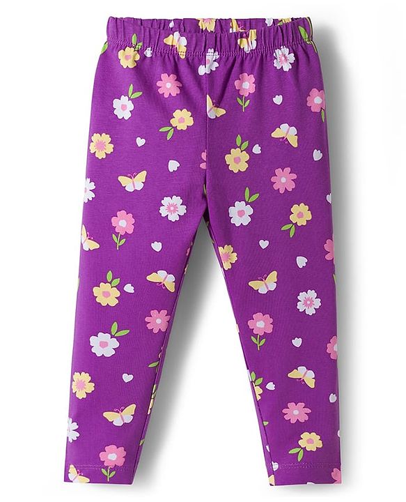 Babyhug Cotton Lycra Knit Full Length Leggings With Floral Print Pack Of 2 - Purple & Pink