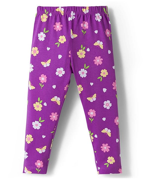 Babyhug Cotton Lycra Knit Full Length Leggings With Floral Print Pack Of 2 - Purple & Pink