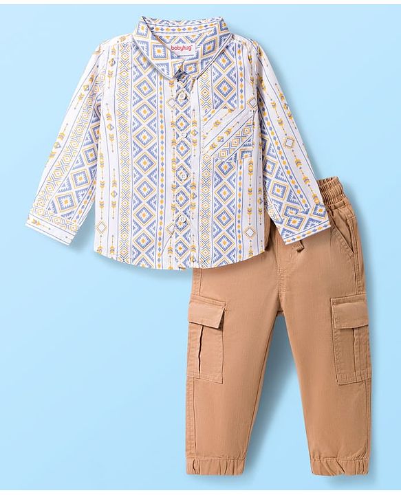 Babyhug Cotton Woven Full Sleeves Printed Shirt & Trouser Set - Beige