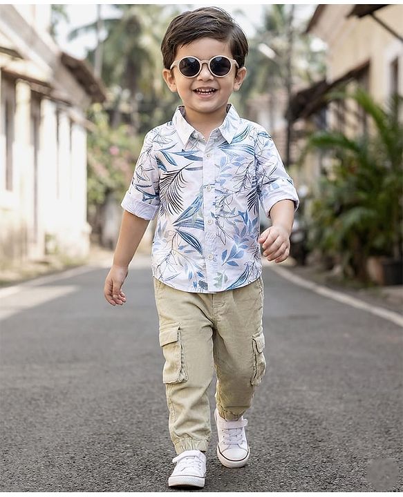 Babyhug Cotton Woven Full Sleeves Leaf Printed Shirt & Trouser Set - Beige