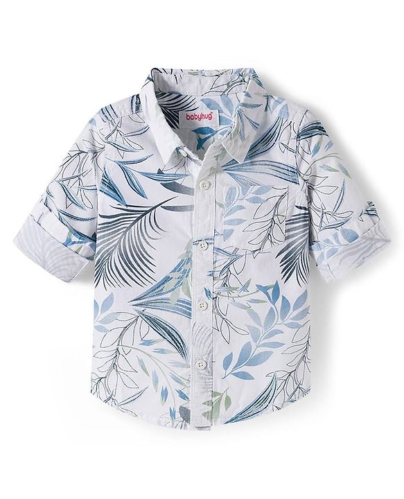 Babyhug Cotton Woven Full Sleeves Leaf Printed Shirt & Trouser Set - Beige
