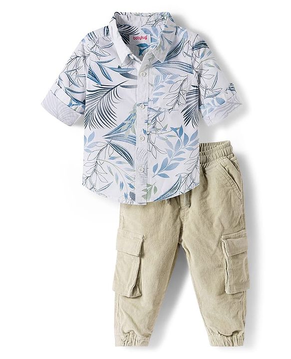 Babyhug Cotton Woven Full Sleeves Leaf Printed Shirt & Trouser Set - Beige