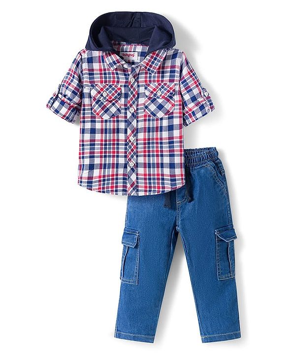 Babyhug Cotton Knit Full Sleeves Hooded Checked Shirt & Jeans Set - Red Blue & White