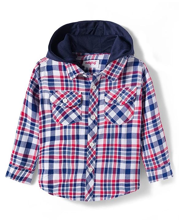 Babyhug Cotton Knit Full Sleeves Hooded Checked Shirt & Jeans Set - Red Blue & White