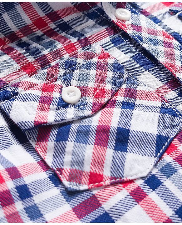 Babyhug Cotton Knit Full Sleeves Hooded Checked Shirt & Jeans Set - Red Blue & White