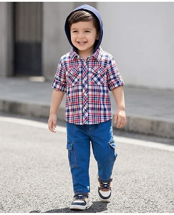 Babyhug Cotton Knit Full Sleeves Hooded Checked Shirt & Jeans Set - Red Blue & White