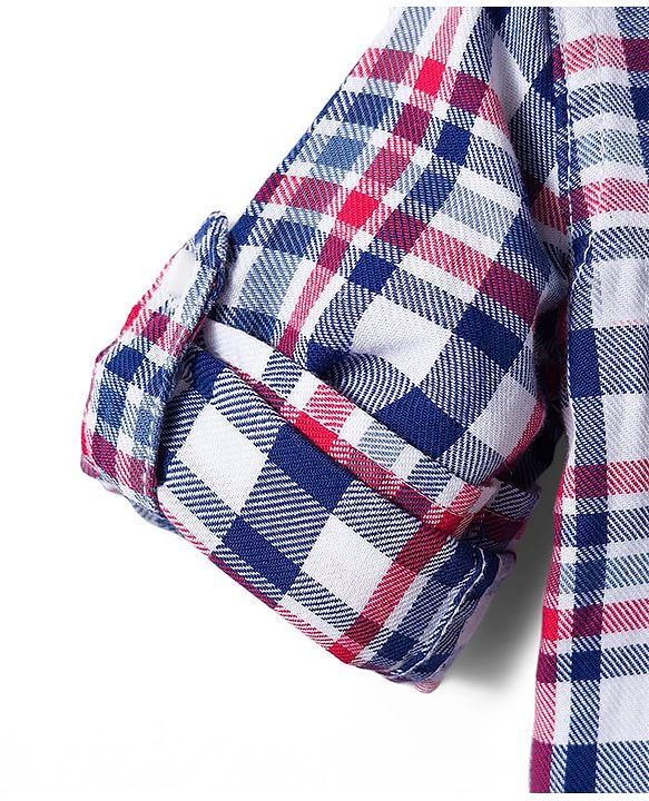 Babyhug Cotton Knit Full Sleeves Hooded Checked Shirt & Jeans Set - Red Blue & White