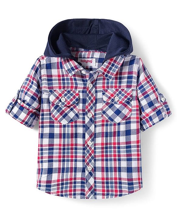 Babyhug Cotton Knit Full Sleeves Hooded Checked Shirt & Jeans Set - Red Blue & White
