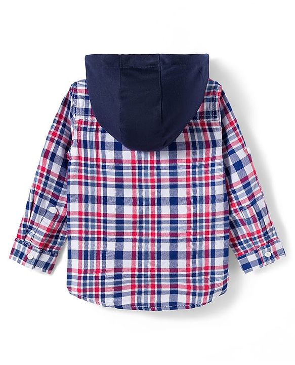 Babyhug Cotton Knit Full Sleeves Hooded Checked Shirt & Jeans Set - Red Blue & White
