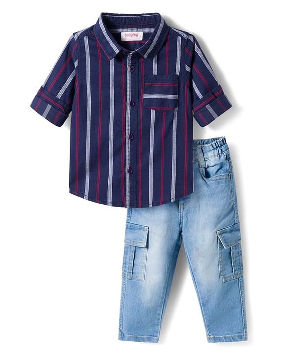 Babyhug Cotton Denim Full Sleeves Striped Shirt & Jeans Pant Set - Blue