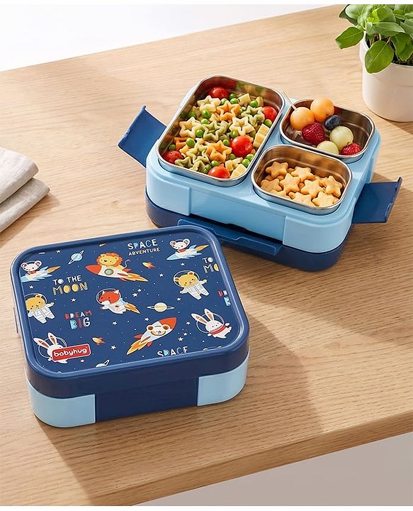 Babyhug 3 Compartment Insulated Lunch Box- Space Theme Navy Blue| 450 ml + 200 ml + 200 ml| BPA Free| Food Grade| Individual Air Tight Lids| School Lunch & Snack Box| Perfect for Travel - Blue