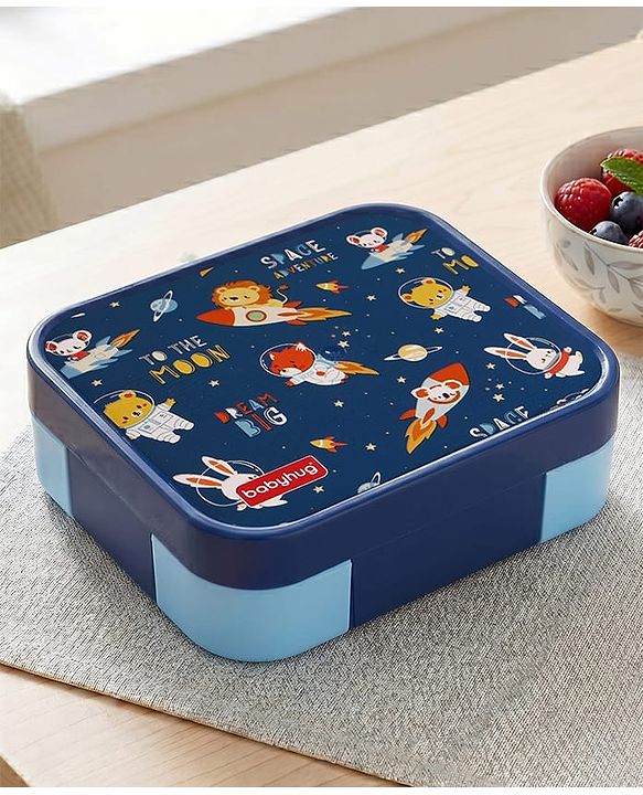 Babyhug 3 Compartment Insulated Lunch Box- Space Theme Navy Blue| 450 ml + 200 ml + 200 ml| BPA Free| Food Grade| Individual Air Tight Lids| School Lunch & Snack Box| Perfect for Travel - Blue