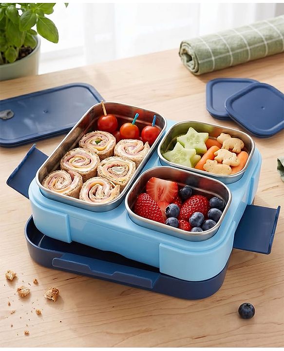 Babyhug 3 Compartment Insulated Lunch Box- Space Theme Navy Blue| 450 ml + 200 ml + 200 ml| BPA Free| Food Grade| Individual Air Tight Lids| School Lunch & Snack Box| Perfect for Travel - Blue