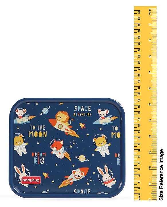 Babyhug 3 Compartment Insulated Lunch Box- Space Theme Navy Blue| 450 ml + 200 ml + 200 ml| BPA Free| Food Grade| Individual Air Tight Lids| School Lunch & Snack Box| Perfect for Travel - Blue
