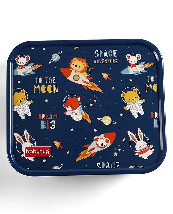 Babyhug 3 Compartment Insulated Lunch Box- Space Theme Navy Blue| 450 ml + 200 ml + 200 ml| BPA Free| Food Grade| Individual Air Tight Lids| School Lunch & Snack Box| Perfect for Travel - Blue