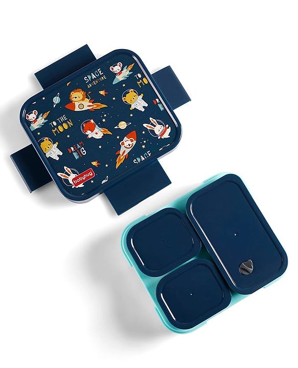 Babyhug 3 Compartment Insulated Lunch Box- Space Theme Navy Blue| 450 ml + 200 ml + 200 ml| BPA Free| Food Grade| Individual Air Tight Lids| School Lunch & Snack Box| Perfect for Travel - Blue