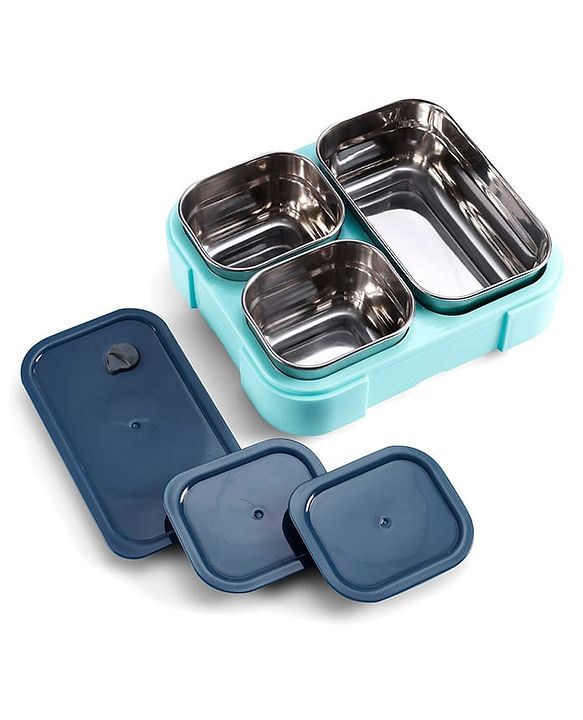 Babyhug 3 Compartment Insulated Lunch Box- Space Theme Navy Blue| 450 ml + 200 ml + 200 ml| BPA Free| Food Grade| Individual Air Tight Lids| School Lunch & Snack Box| Perfect for Travel - Blue