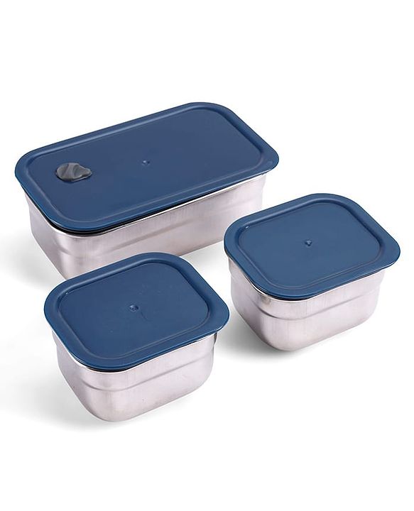 Babyhug 3 Compartment Insulated Lunch Box- Space Theme Navy Blue| 450 ml + 200 ml + 200 ml| BPA Free| Food Grade| Individual Air Tight Lids| School Lunch & Snack Box| Perfect for Travel - Blue