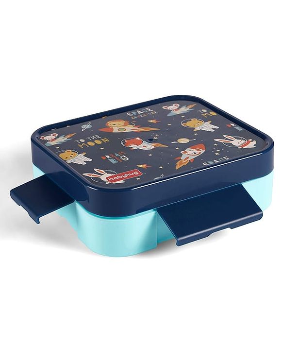 Babyhug 3 Compartment Insulated Lunch Box- Space Theme Navy Blue| 450 ml + 200 ml + 200 ml| BPA Free| Food Grade| Individual Air Tight Lids| School Lunch & Snack Box| Perfect for Travel - Blue