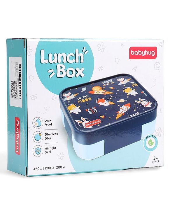 Babyhug 3 Compartment Insulated Lunch Box- Space Theme Navy Blue| 450 ml + 200 ml + 200 ml| BPA Free| Food Grade| Individual Air Tight Lids| School Lunch & Snack Box| Perfect for Travel - Blue