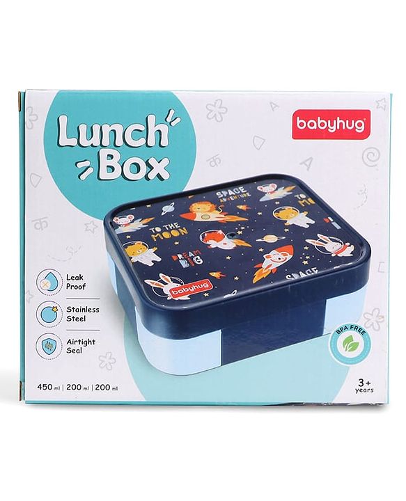 Babyhug 3 Compartment Insulated Lunch Box- Space Theme Navy Blue| 450 ml + 200 ml + 200 ml| BPA Free| Food Grade| Individual Air Tight Lids| School Lunch & Snack Box| Perfect for Travel - Blue