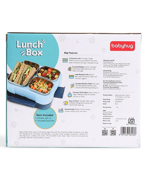 Babyhug 3 Compartment Insulated Lunch Box- Space Theme Navy Blue| 450 ml + 200 ml + 200 ml| BPA Free| Food Grade| Individual Air Tight Lids| School Lunch & Snack Box| Perfect for Travel - Blue