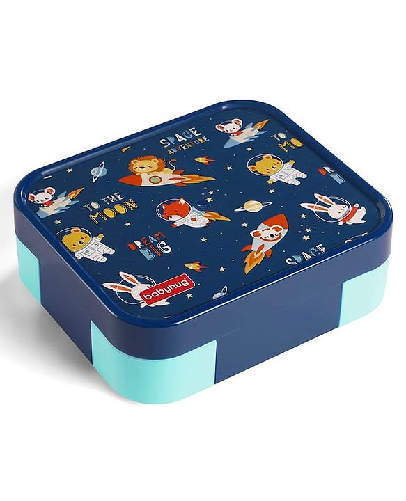Babyhug 3 Compartment Insulated Lunch Box- Space Theme Navy Blue| 450 ml + 200 ml + 200 ml| BPA Free| Food Grade| Individual Air Tight Lids| School Lunch & Snack Box| Perfect for Travel - Blue