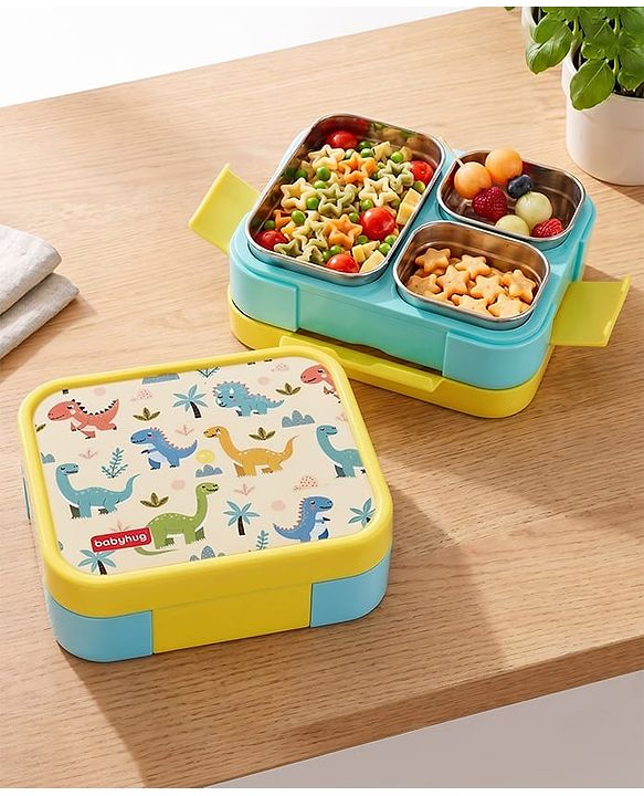 Babyhug 3 Compartment Insulated Lunch Box- Space Theme Navy Blue| 450 ml + 200 ml + 200 ml| BPA Free| Food Grade| Individual Air Tight Lids| School Lunch & Snack Box| Perfect for Travel - Blue
