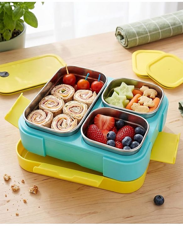 Babyhug 3 Compartment Insulated Lunch Box- Space Theme Navy Blue| 450 ml + 200 ml + 200 ml| BPA Free| Food Grade| Individual Air Tight Lids| School Lunch & Snack Box| Perfect for Travel - Blue