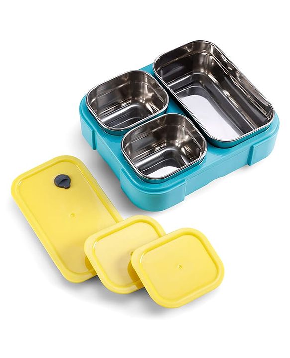 Babyhug 3 Compartment Insulated Lunch Box- Space Theme Navy Blue| 450 ml + 200 ml + 200 ml| BPA Free| Food Grade| Individual Air Tight Lids| School Lunch & Snack Box| Perfect for Travel - Blue