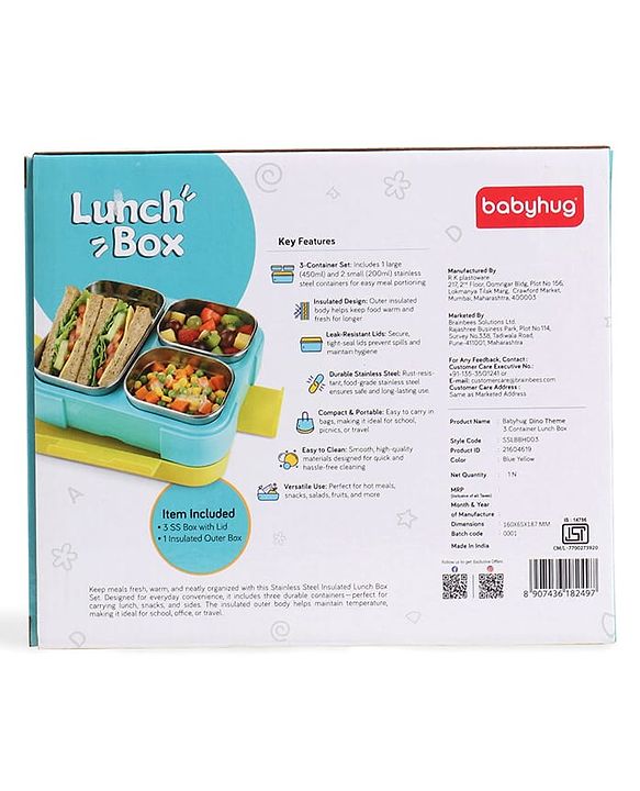 Babyhug 3 Compartment Insulated Lunch Box- Space Theme Navy Blue| 450 ml + 200 ml + 200 ml| BPA Free| Food Grade| Individual Air Tight Lids| School Lunch & Snack Box| Perfect for Travel - Blue
