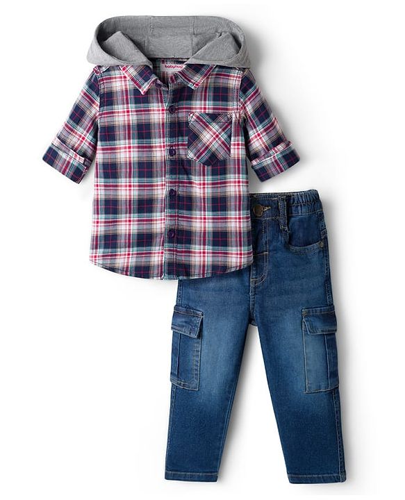 Babyhug Cotton Woven Full Sleeves Checkered Shirt & Denim Jeans Set with Detachable Hood - Multicolor