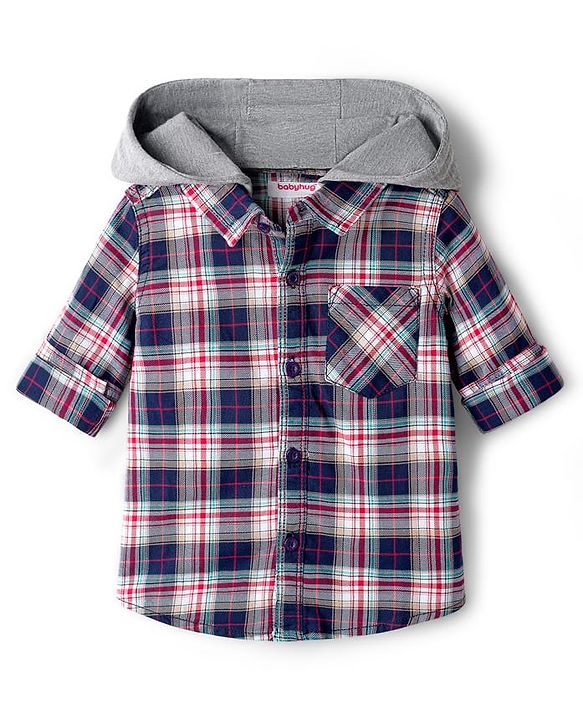 Babyhug Cotton Woven Full Sleeves Checkered Shirt & Denim Jeans Set with Detachable Hood - Multicolor