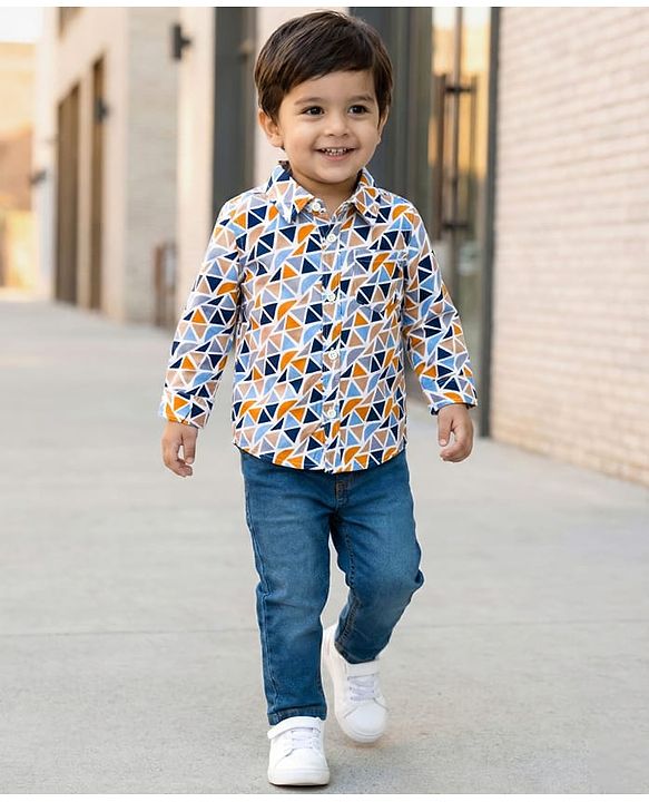 Babyhug Cotton Woven Full Sleeves Printed Shirt & Jeans Set - Multicolour & Blue