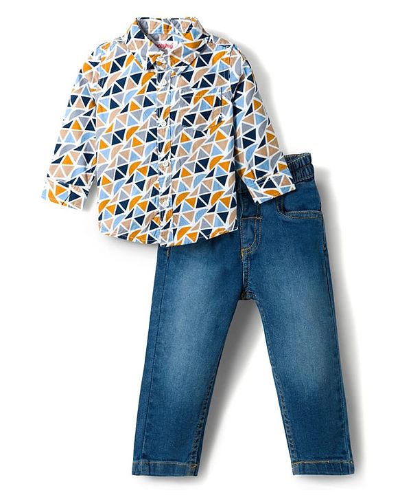 Babyhug Cotton Woven Full Sleeves Printed Shirt & Jeans Set - Multicolour & Blue