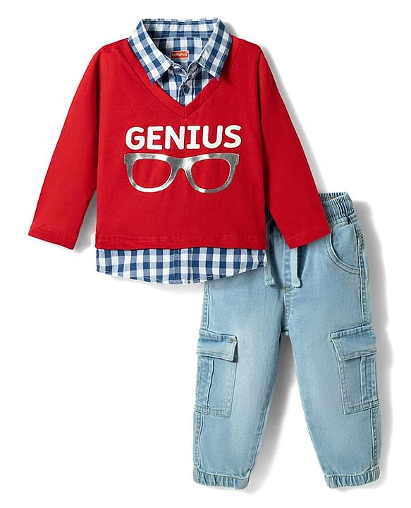 Babyhug Single Jersey Knit Full Sleeves Checkered Polo T-Shirt & Jeans Set with Genius Print - Red & Blue