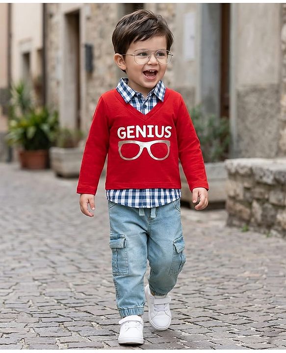 Babyhug Single Jersey Knit Full Sleeves Checkered Polo T-Shirt & Jeans Set with Genius Print - Red & Blue