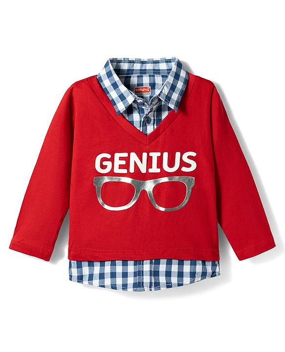 Babyhug Single Jersey Knit Full Sleeves Checkered Polo T-Shirt & Jeans Set with Genius Print - Red & Blue