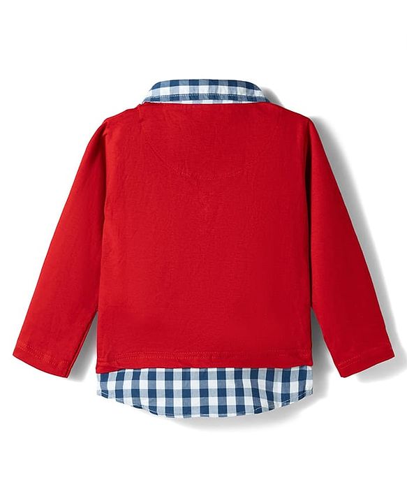 Babyhug Single Jersey Knit Full Sleeves Checkered Polo T-Shirt & Jeans Set with Genius Print - Red & Blue