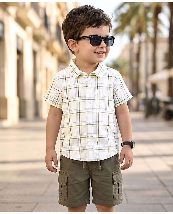 Babyhug Cotton Woven Half Sleeves Checkered Shirt & Shorts Set - Olive Green