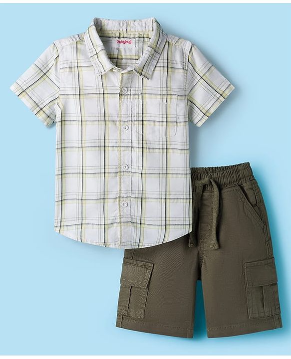 Babyhug Cotton Woven Half Sleeves Checkered Shirt & Shorts Set - Olive Green