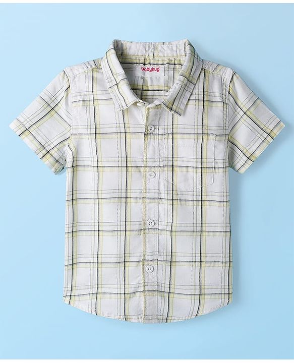 Babyhug Cotton Woven Half Sleeves Checkered Shirt & Shorts Set - Olive Green