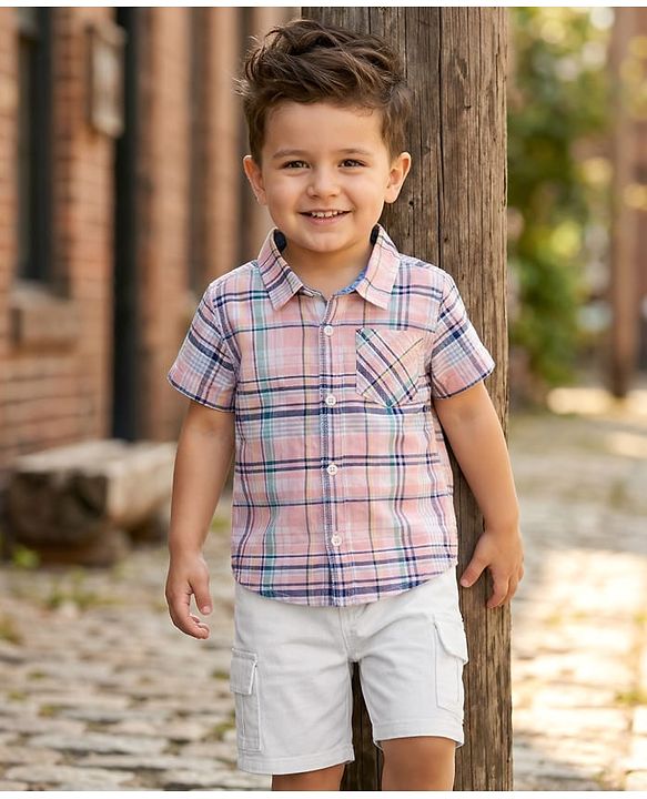 Babyhug Cotton Woven Half Sleeves Checks Shirt & Shorts Set - Multicolor & White