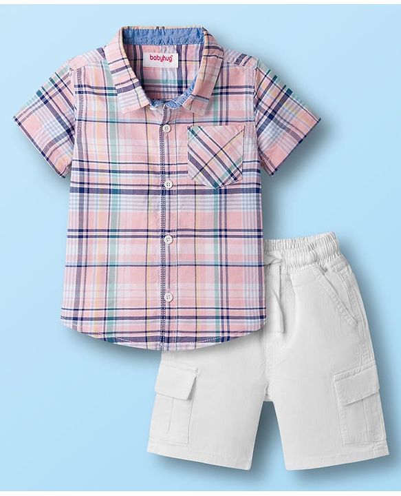 Babyhug Cotton Woven Half Sleeves Checks Shirt & Shorts Set - Multicolor & White
