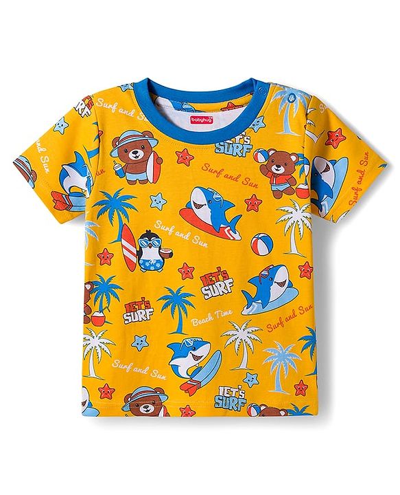 Babyhug Cotton Knit Half Sleeves T-Shirt with Beach Theme Print - Yellow