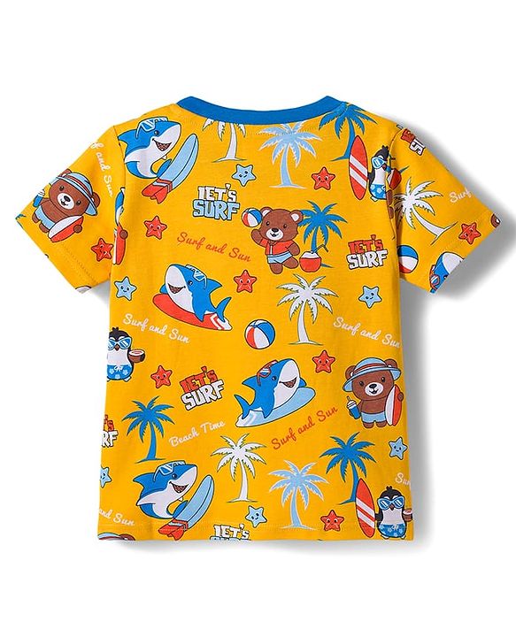 Babyhug Cotton Knit Half Sleeves T-Shirt with Beach Theme Print - Yellow